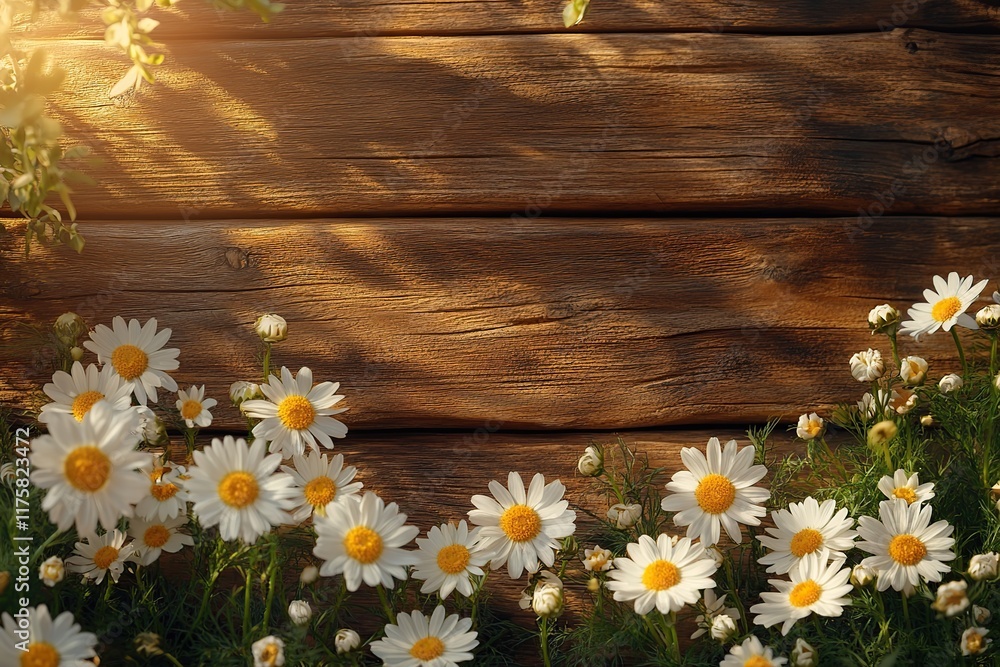 Obraz premium Beautiful spring chamomile flowers on wooden table