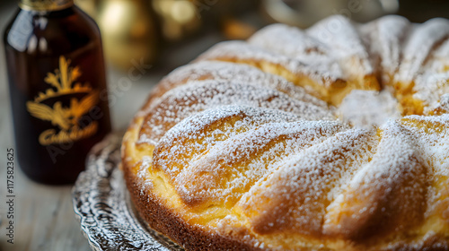 A closeup of a goldenbrown Vasilopita cake decorated with powdered sugar, with a coin hidden inside, and a bottle of ouzo on the side photo