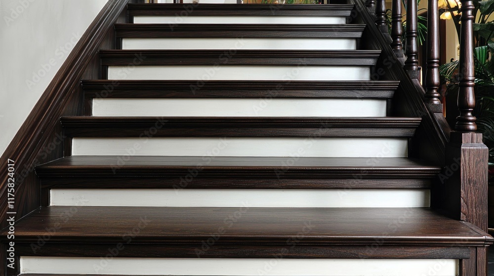 A staircase with dark wooden steps and white risers. A staircase with dark wooden steps and white risers.