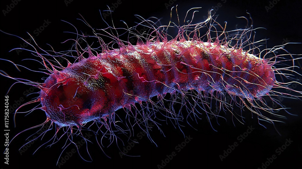 Microscopic view of a spiral-shaped bacterium with numerous hair-like appendages. Microscopic view of a spiral-shaped bacterium with numerous hair-like appendages.