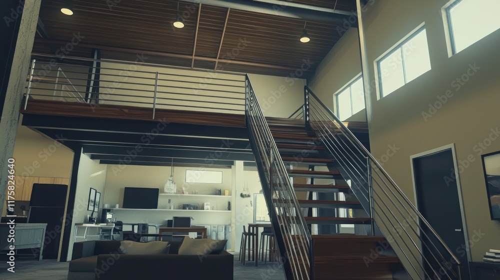 Modern interior showcasing a spacious living area and staircase. Modern interior showcasing a spacious living area and staircase.
