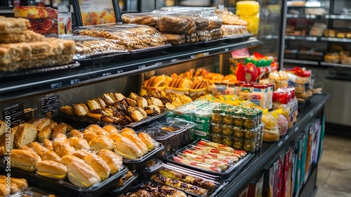 An inviting full service station with a food display featuring trays of sandwiches