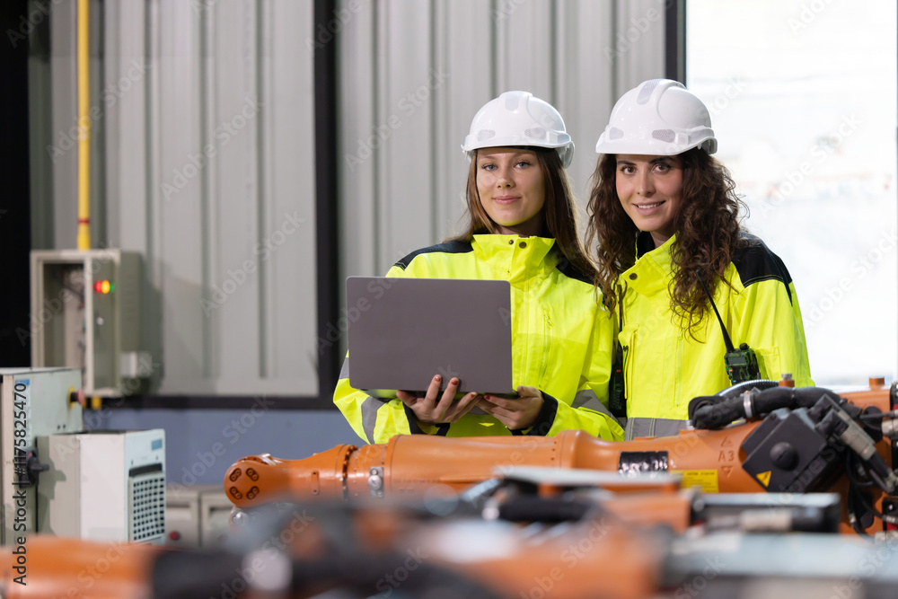 Engineers review robotic systems in a high-tech manufacturing facility during a quality control check Engineers review robotic systems in a high-tech manufacturing facility during a quality control check