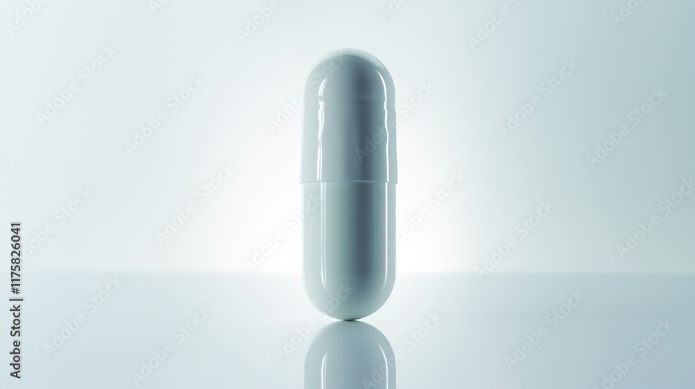 Single Mixed Color Capsule on White Background with Text Space, Reflective Surface Single Mixed Color Capsule on White Background with Text Space, Reflective Surface