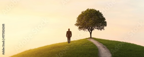 Man Walking Towards a Tree on a Hill, Digital Art, Nature, Landscape, Solitude Nature Photography, Environmental Art