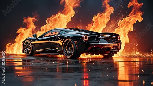 Sleek Black Sports Car with Dynamic Flames in the Background Reflecting on a Glossy Surface in a Dramatic Scene

 photo