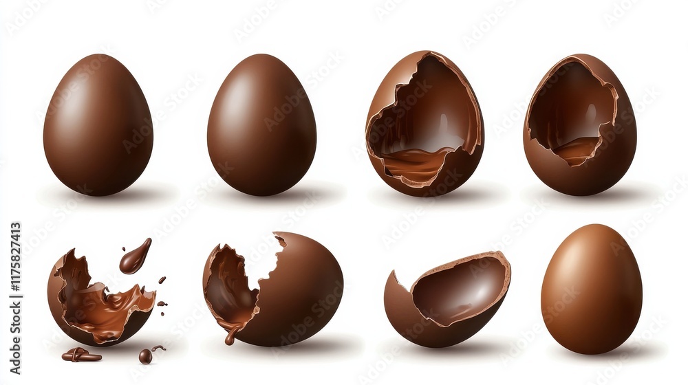 Fototapeta premium Chocolate eggs set. Isolated whole, broken, exploded, cracked and open brown eggs collection. Realistic sweet chocolate candy dessert icons. Vector Easter holiday celebration concept