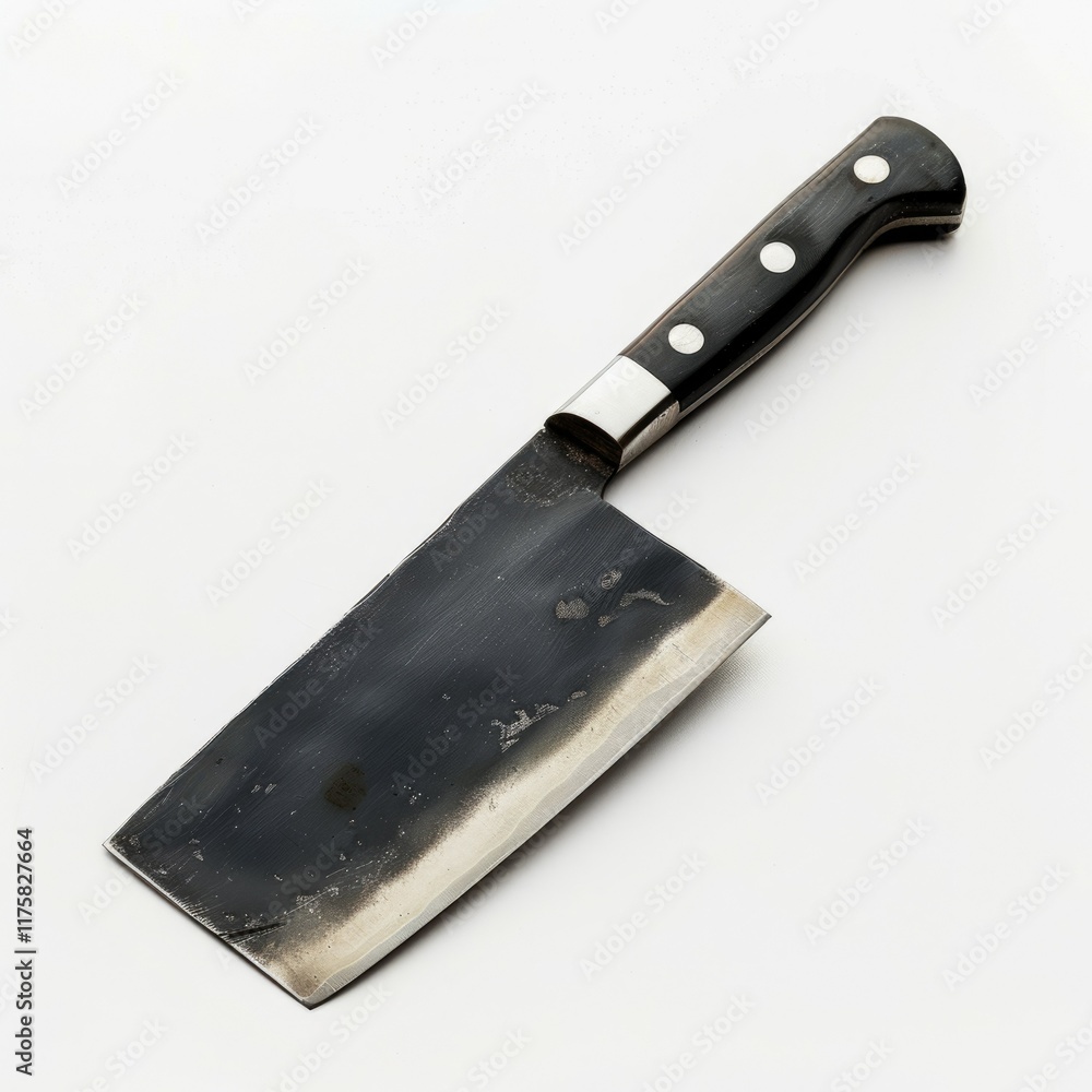 A well-used, black-handled cleaver with a dark, slightly patinated blade. A well-used, black-handled cleaver with a dark, slightly patinated blade.