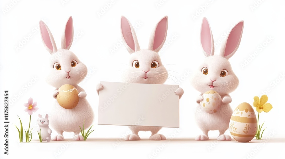 Fototapeta premium Easter bunny. Modern egg, bunnies for kids standing with placard. Rabbit or hare, spring festive animal with flower and chick. Cartoon holiday decent vector character