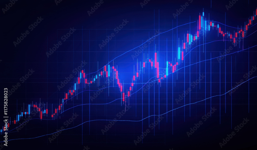 Naklejka premium Double exposure of candle stick graph chart with indicator with stock market price screen and city background, stock exchange trading, investment and financial concept.
