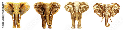 Decorative golden elephant isolated on transparent background, Set of photo