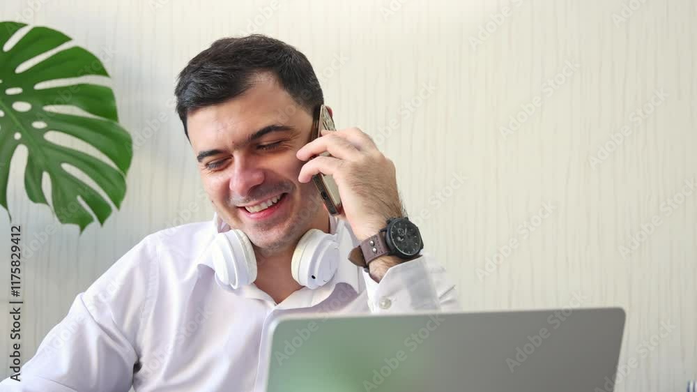 man working in office,talking at smartphone or having video call.guy with headphones is smiling,explain something,gesturing with hands. worker writing something in agenda.monstera leaf in background. man working in office,talking at smartphone or having video call.guy with headphones is smiling,explain something,gesturing with hands. worker writing something in agenda.monstera leaf in background.