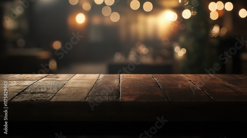 Empty wooden table in front of blurred cafe bar or restaurant. Abstract lights bokeh background, front view, free space for your product.