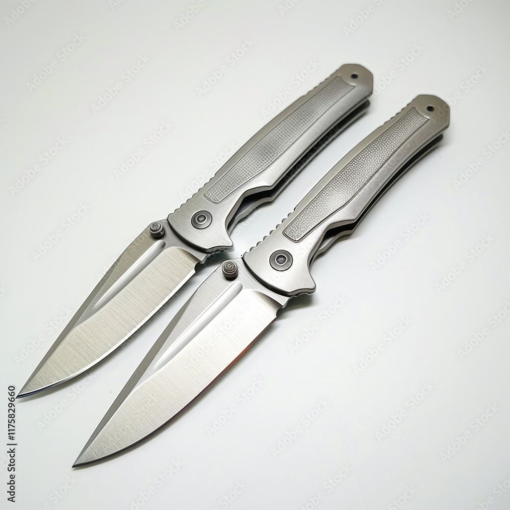 Two sleek, silver folding knives with textured handles, displayed on a white background. Two sleek, silver folding knives with textured handles, displayed on a white background.