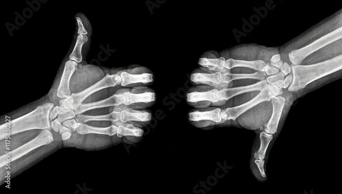 Film xray x-ray or radiograph of a thumb up and thumbs down associated with agreement, disagreement positive or negative in gestural language, manual communication, or signing aka sign language