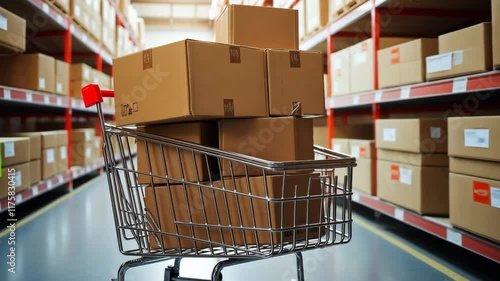 Shopping cart filled with boxes in a warehouse aisle surrounded by stacked packages