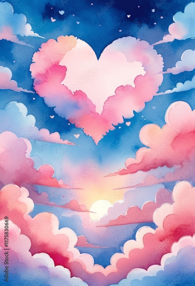 Obraz premium Heart-shaped clouds in pink and blue, fantasy sky with dreamy sunset light. Romantic illustration for Valentine's Day
