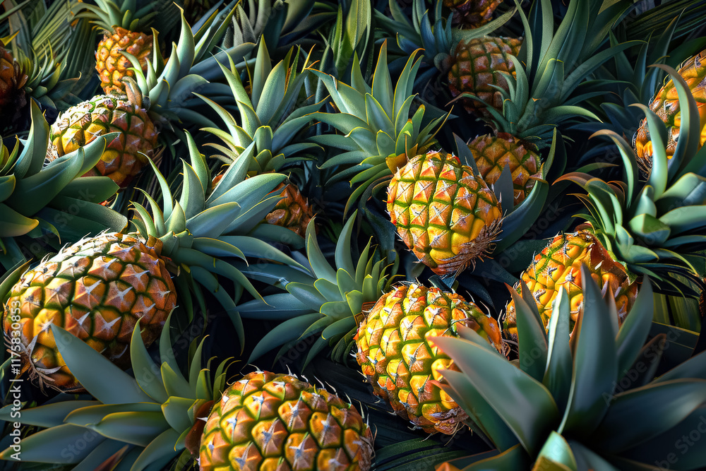 Bunch of pineapples are shown in a field Bunch of pineapples are shown in a field