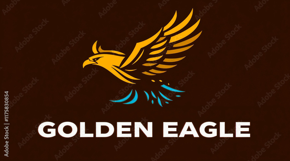 Obraz premium Dynamic logo design featuring a golden eagle in geometric shapes and clean lines. Brown and blue color scheme
