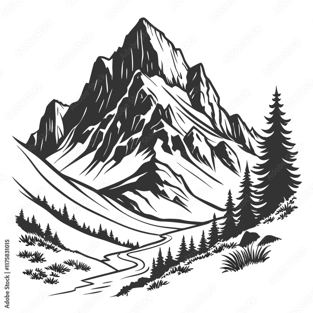 Obraz premium Mountain silhouette - vector icon. Rocky peaks. Mountains ranges. Black and white mountain icon