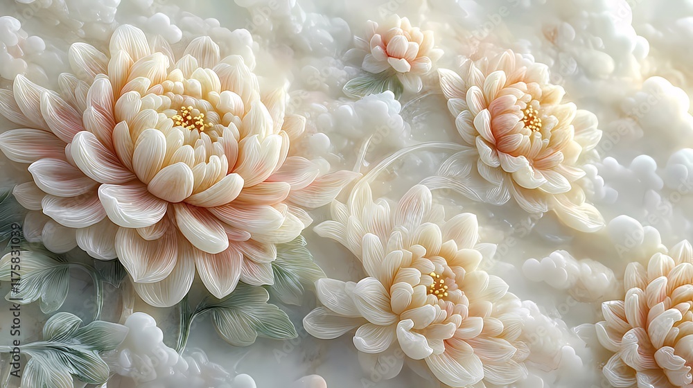 Intricate 3D carved peach and white chrysanthemum flowers on marble background. Intricate 3D carved peach and white chrysanthemum flowers on marble background.