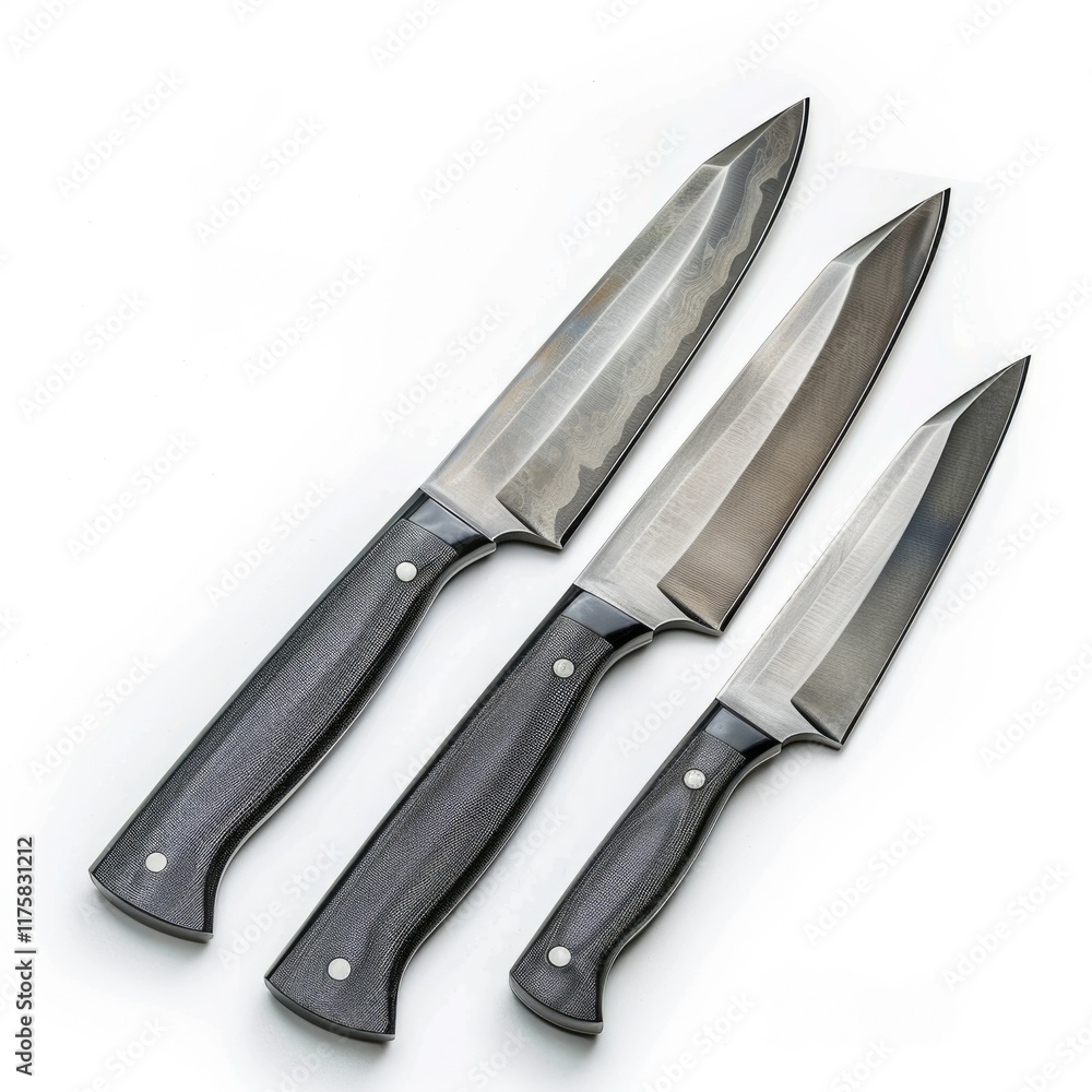 Fototapeta premium Three handcrafted kitchen knives with textured blades and black handles, arranged in descending size.