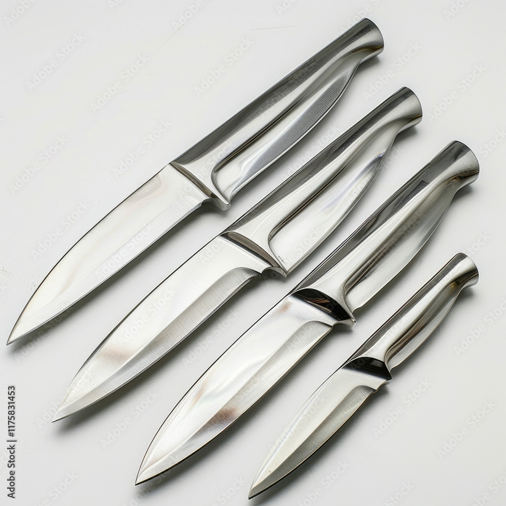 Obraz premium Four sleek, stainless steel knives arranged in descending size, showcasing elegant design and craftsmanship.