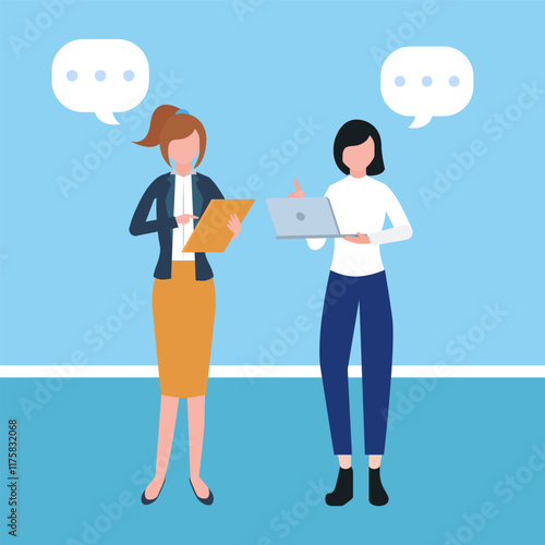 Professional conversation - Two business people woman and woman talking and having dialogue at work with speech bubbles. Flat design vector illustration on blue background