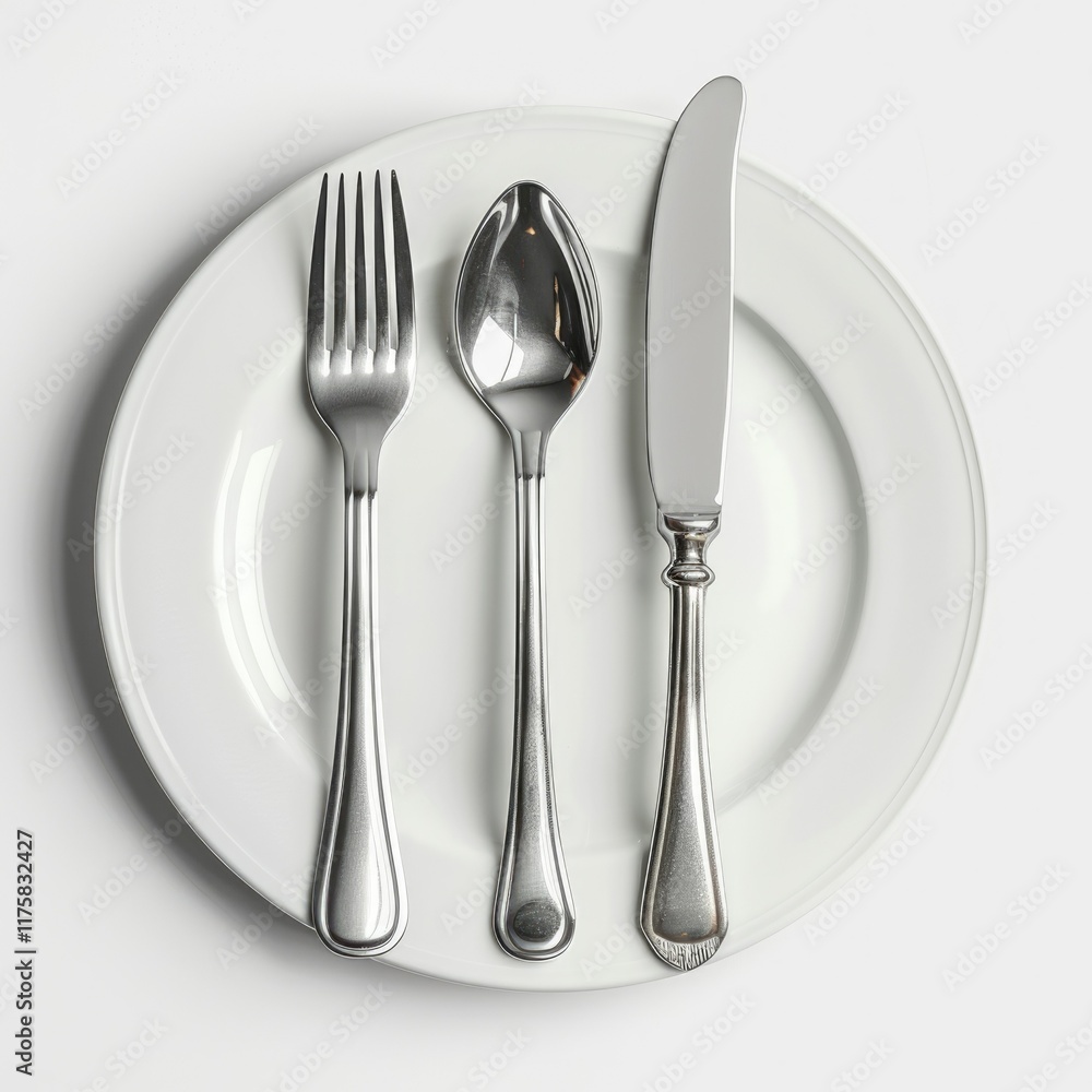 A place setting with a fork, spoon, and knife on a white plate. A place setting with a fork, spoon, and knife on a white plate.