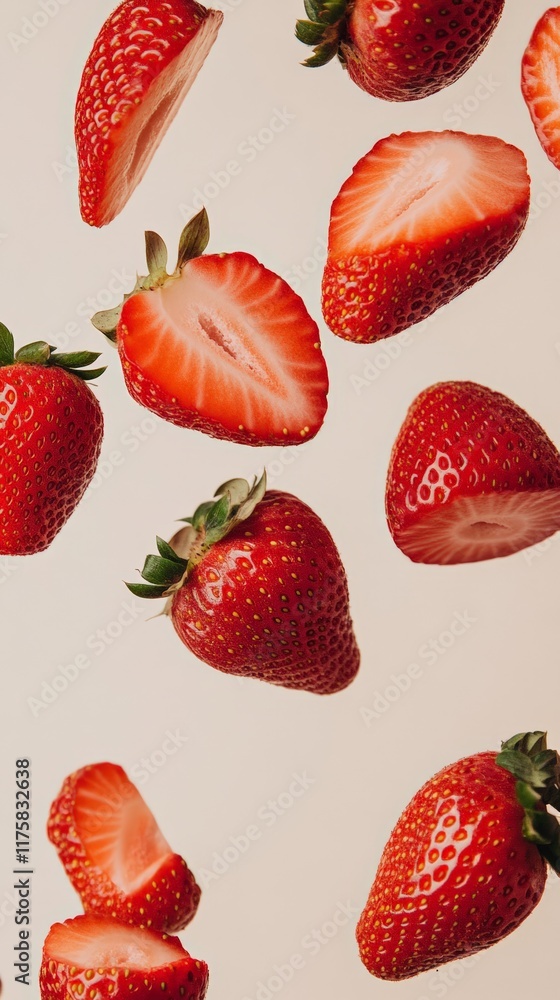 Ripe red strawberries and freshly cut slices levitating against a light beige backdrop, creating a vibrant and dynamic visual that captures the essence of summer's sweetness Ripe red strawberries and freshly cut slices levitating against a light beige backdrop, creating a vibrant and dynamic visual that captures the essence of summer's sweetness