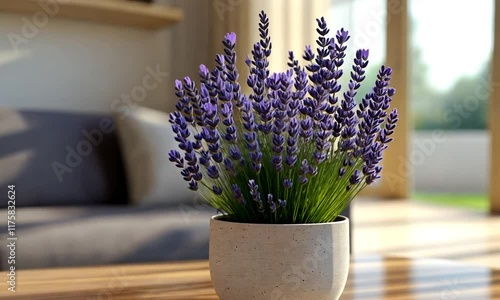 Lavender in pot on living room table, sunny day, sofa blurred