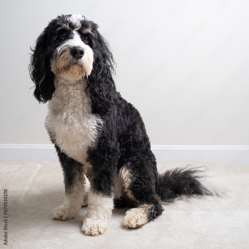 Fototapeta premium A Bernedoodle dogs sits as a model on the floor with clear background