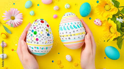 Creative decoration of Easter eggs on a vibrant yellow background with colorful embellishments and flowers