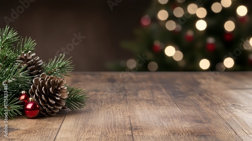 Rustic Christmas Composition Pine, Ornaments, Wooden Table, Bokeh Background, Holiday Decor Christmas, Winter