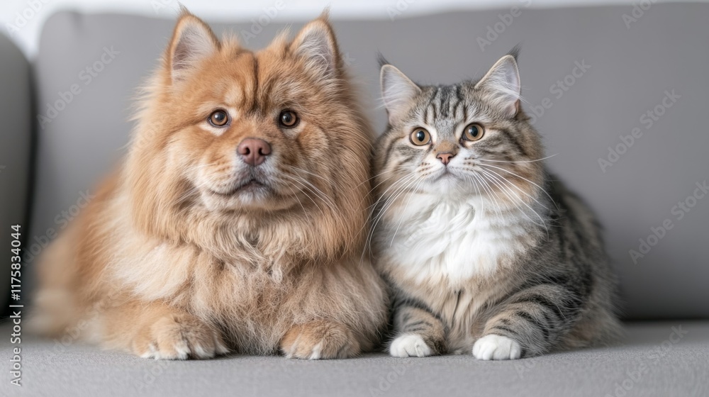 Fototapeta premium Fluffy Friends Close-up Portrait of a Pomeranian Dog and Siberian Cat on a Gray Sofa, pet photography, animals Pet Photography, Animal Portrait