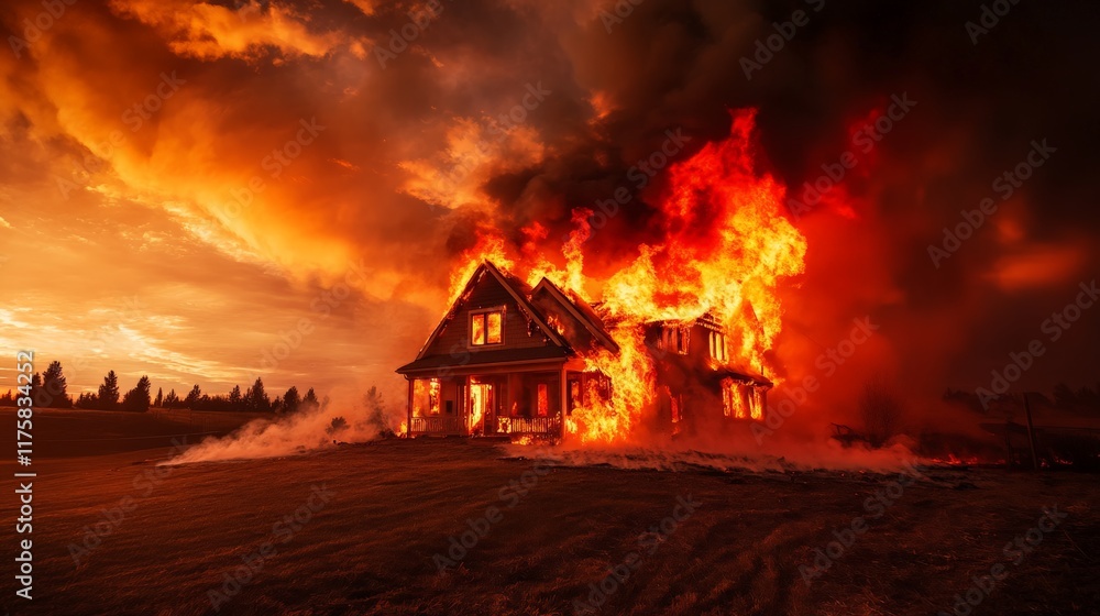 Dramatic scene capturing a house engulfed in flames during a vibrant sunset, showcasing the devastating power of fire and the profound loss of property and safety Dramatic scene capturing a house engulfed in flames during a vibrant sunset, showcasing the devastating power of fire and the profound loss of property and safety