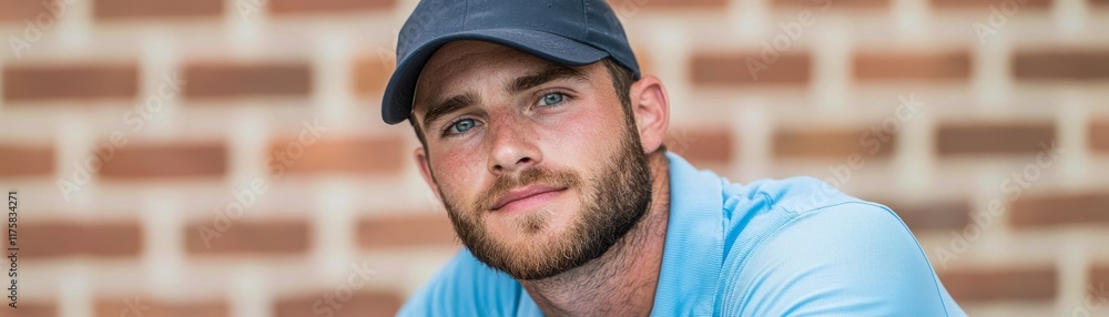 Close-up Portrait Man in Blue Polo and Cap Against Brick Wall, Headshot, Casual Style Portrait photography, male model Close-up Portrait Man in Blue Polo and Cap Against Brick Wall, Headshot, Casual Style Portrait photography, male model