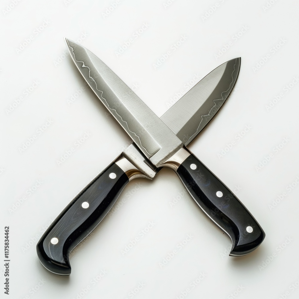 Obraz premium Two kitchen knives with black handles crossed on a white background.