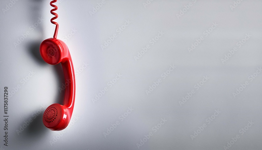 red telephone receiver hanging by coiled cord on light grey background with copy space red telephone receiver hanging by coiled cord on light grey background with copy space