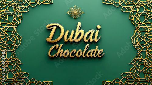 golden  text Dubai chocolate on green background.   Discover the elegance of Dubai's chocolate offerings with intricate designs and rich flavors. 