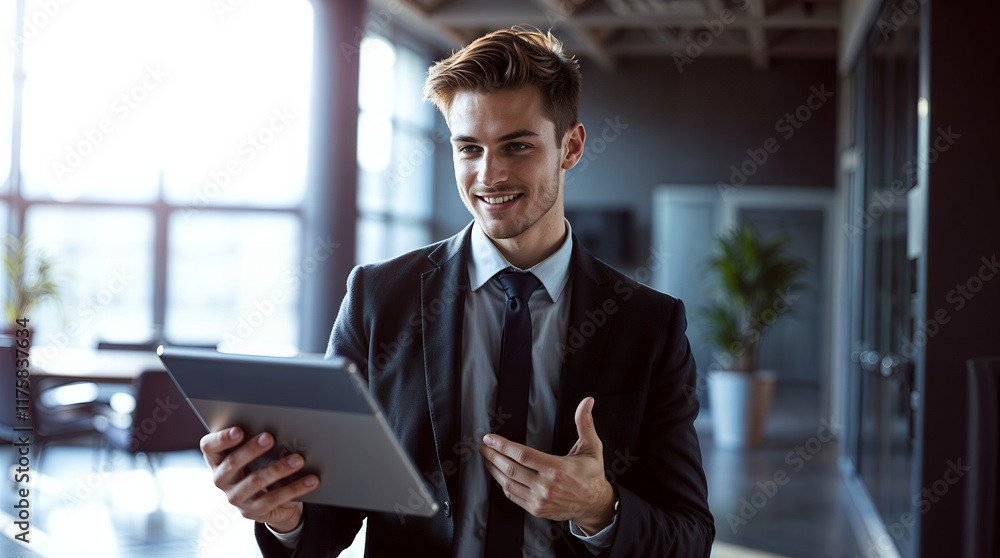 Fototapeta premium A smiling man in a suit, holding a tablet, stands in an office setting