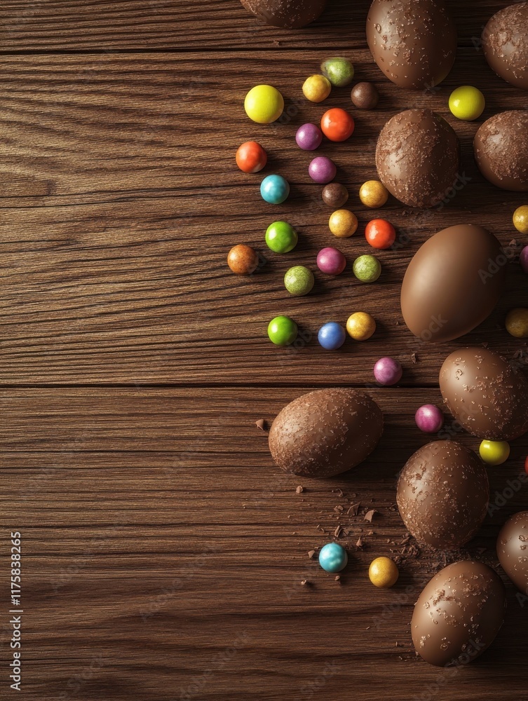easter, sweets and confectionery concept - chocolate eggs and candy drops on wooden background