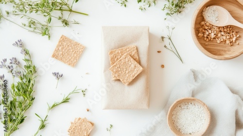 Wallpaper Mural Rustic natural snack arrangement with crackers and herbs on a minimalist white background Torontodigital.ca