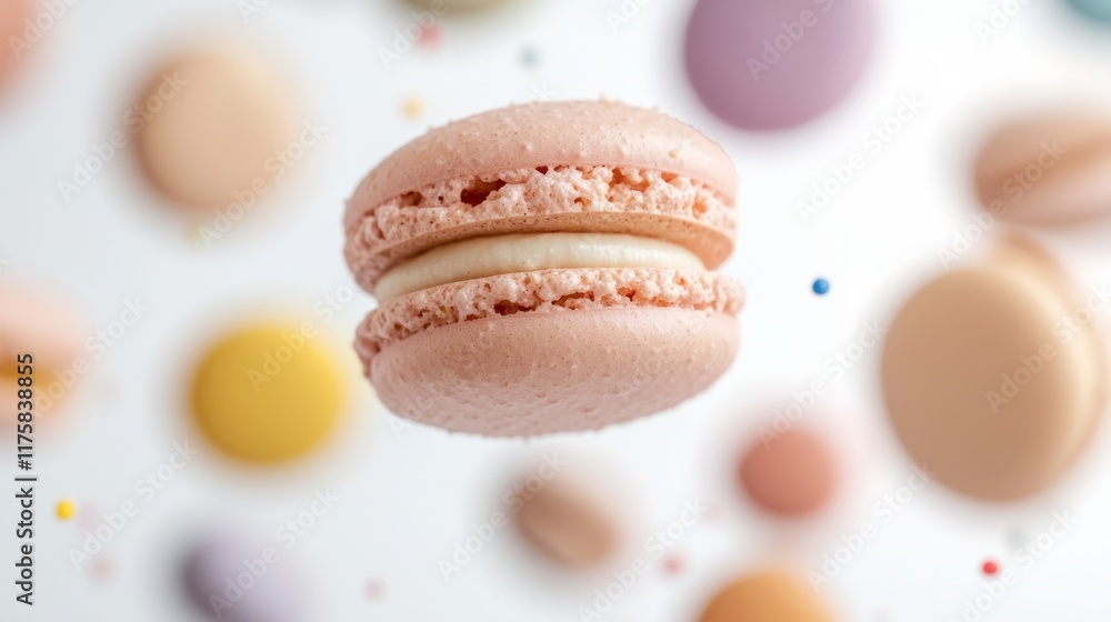 Fototapeta premium Floating Pink Macaron with Cream Filling, Soft Focus, Pastel Background, Sweet Treats Photography Macarons, Food Photography