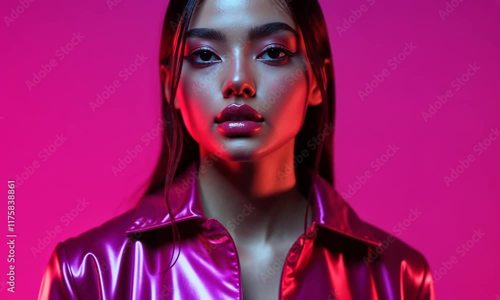 Asian model, pink raincoat, neon pink background, fashion shoot Asian model, pink raincoat, neon pink background, fashion shoot