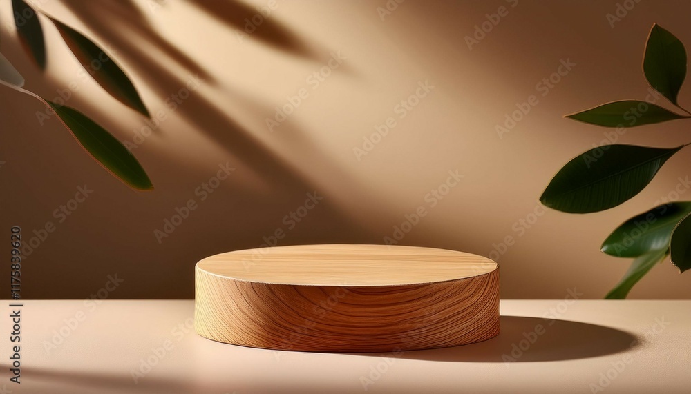 round wooden podium for product presentation on beige background with shadows round wooden podium for product presentation on beige background with shadows