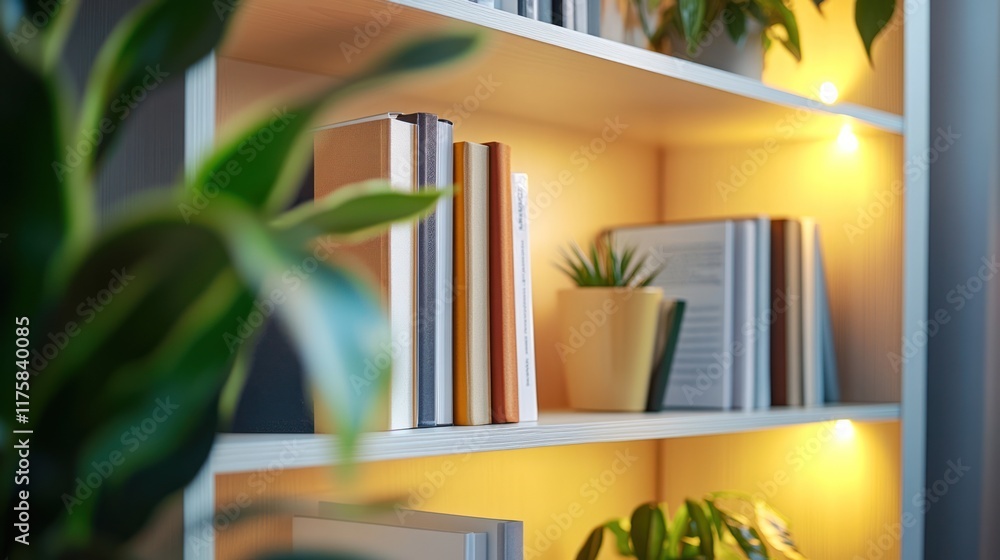 Illuminated bookshelf with books and plants.