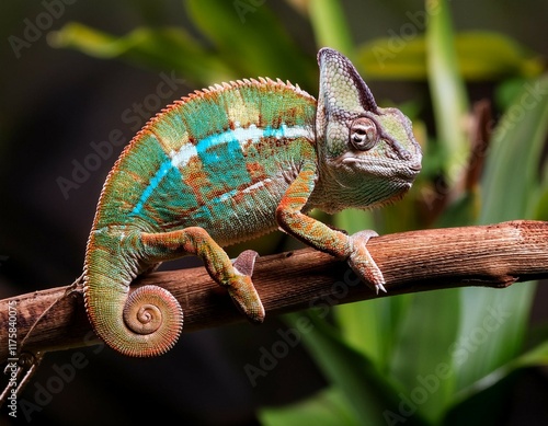 a curious chameleon clings to a branch looking at the camera photo