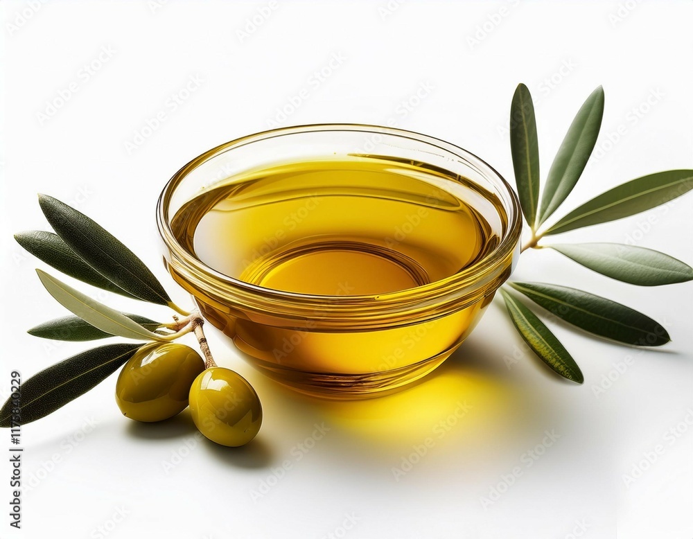 bowl filled with olive oil and olive tree branch isolated on white background bowl filled with olive oil and olive tree branch isolated on white background