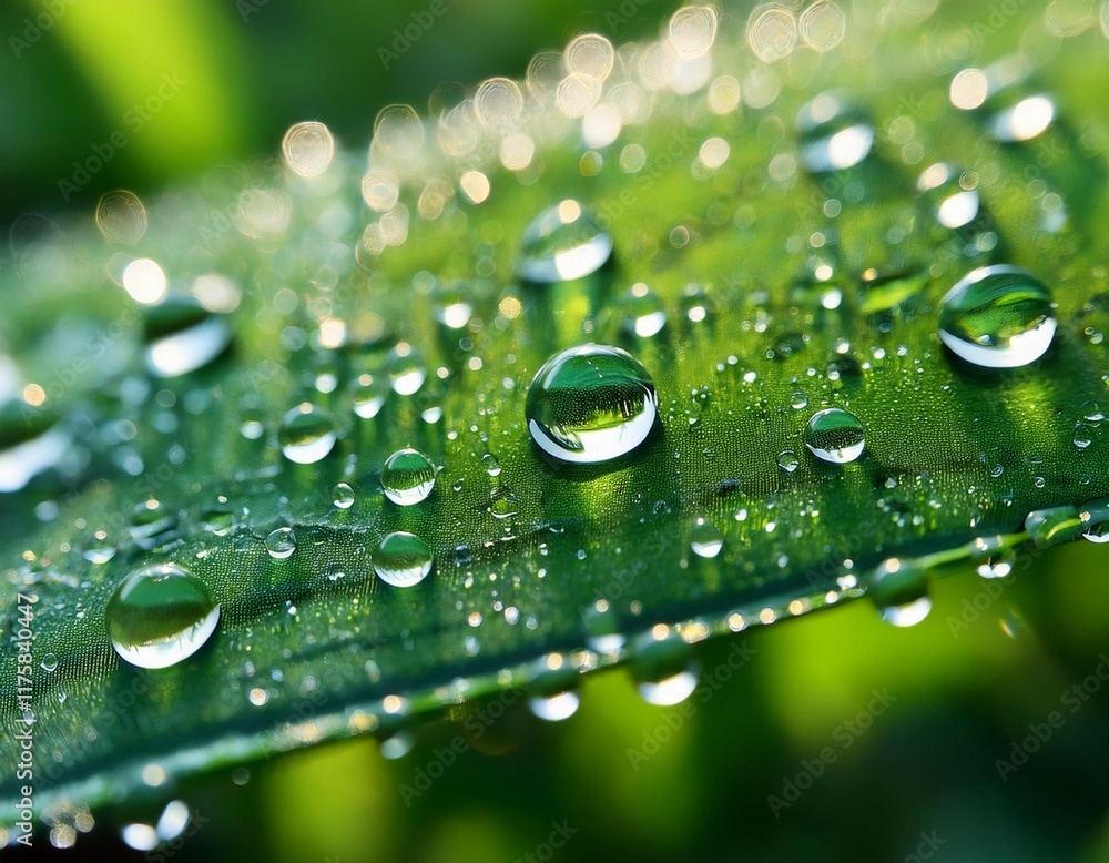 a captivating close up of dew covered green surface with crystal clear droplets forming miniature worlds reflecting the vibrant diaspora of lush greenery in the background a captivating close up of dew covered green surface with crystal clear droplets forming miniature worlds reflecting the vibrant diaspora of lush greenery in the background